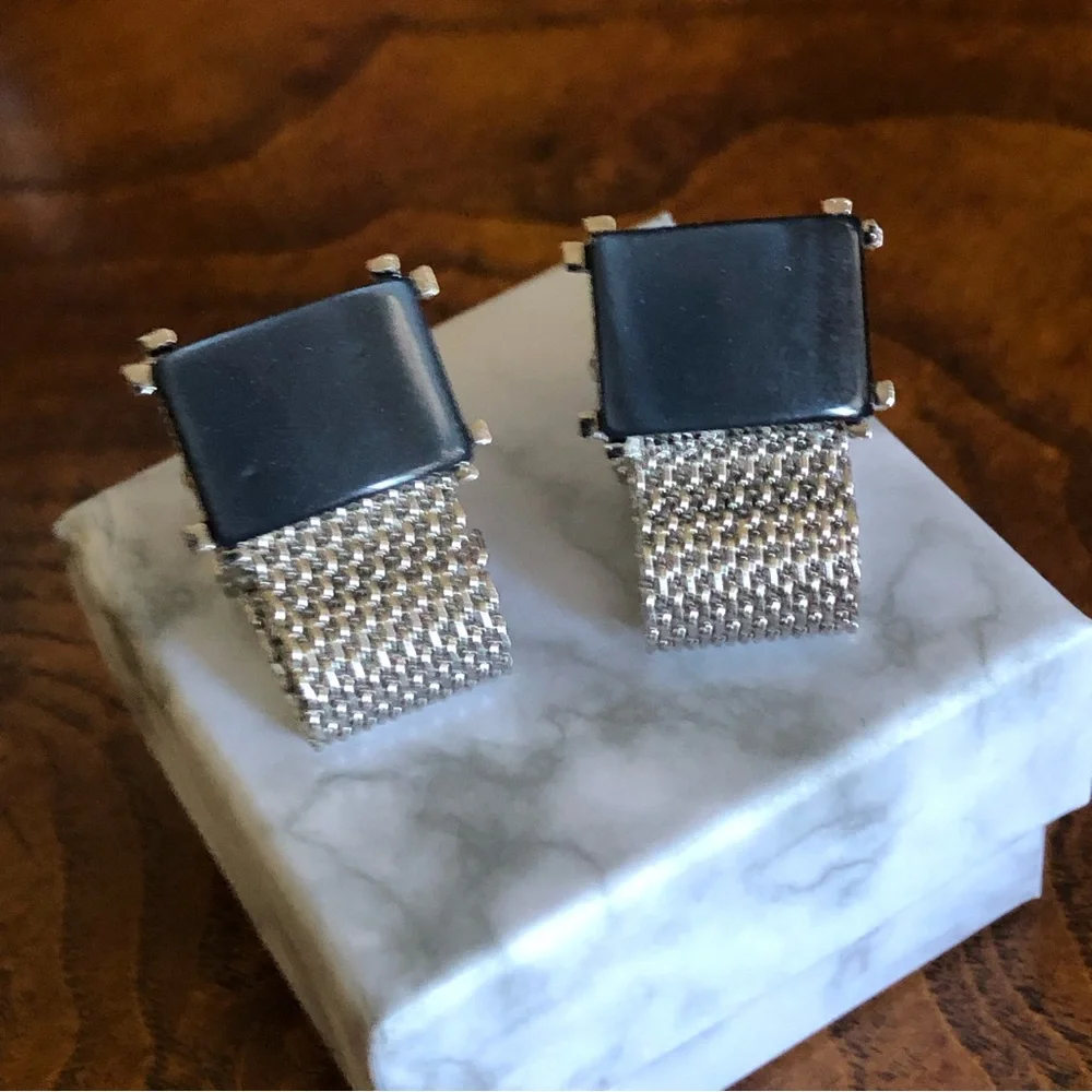 Vintage Swank hematite silver mesh wrap style cuff links